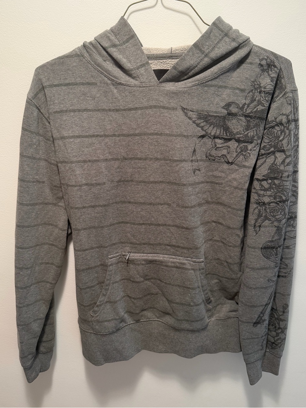 Rare Fox Gray Striped Hoodie with Bird & Floral Sleeve Print